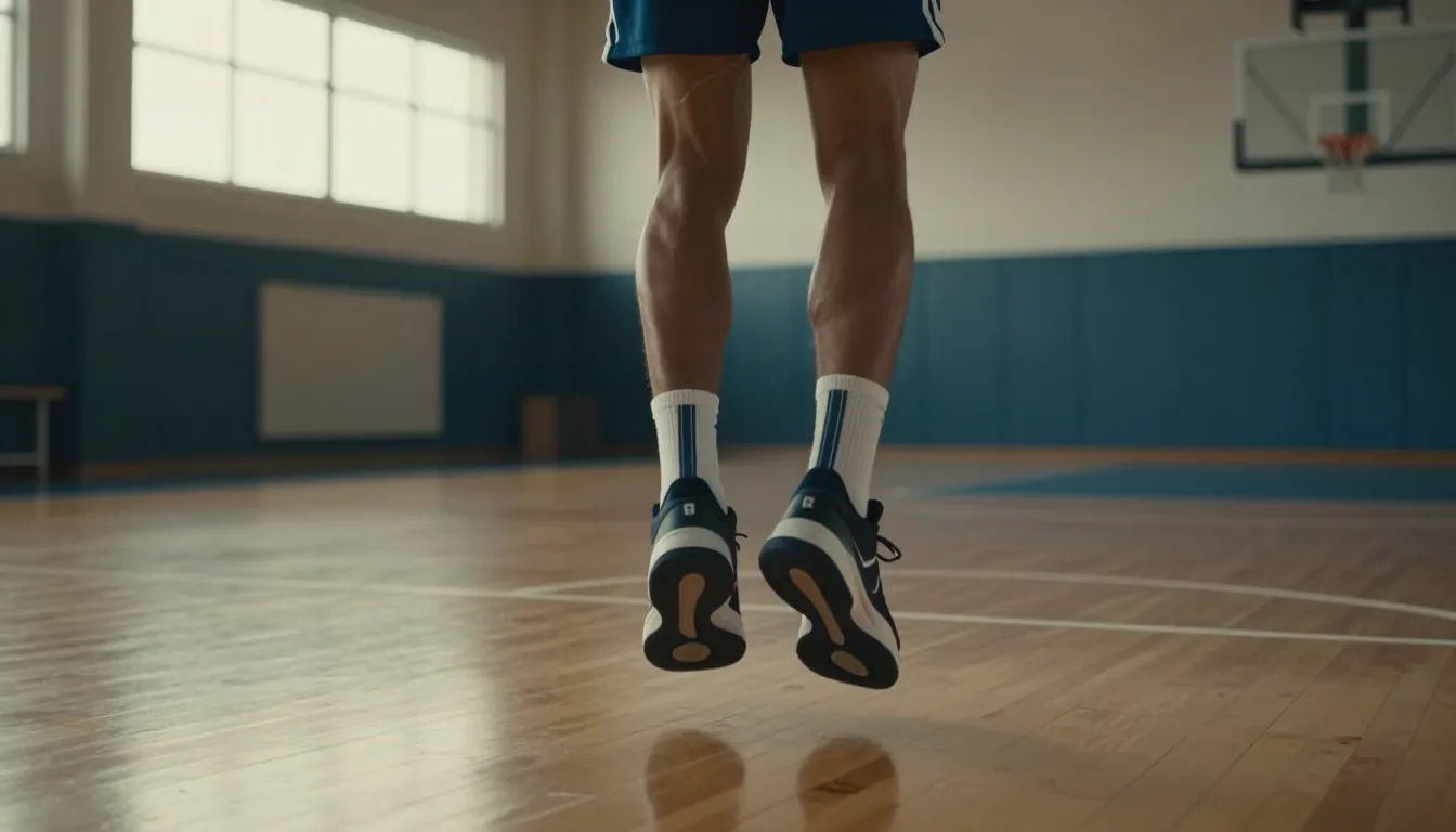 Kapalı basketbol sahasında sıçrama antrenmanı yapan bir sporcunun alt bacakları ve ayakkabıları