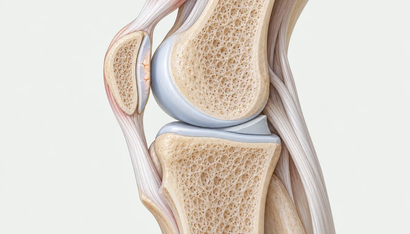 Medical illustration of a side cross-section of the knee showing the thigh bone, shin bone and kneecap, with a small damaged area highlighted in orange in the cartilage on the back of the kneecap