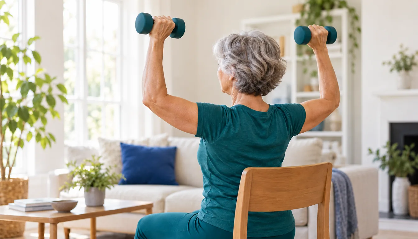 An older woman with grey hair sitting on a chair in a bright living room, pressing a dumbbell in each hand above her head