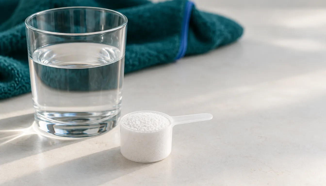A level measuring scoop of white powder and a glass of water on a light-coloured table, with a dark teal towel in the background