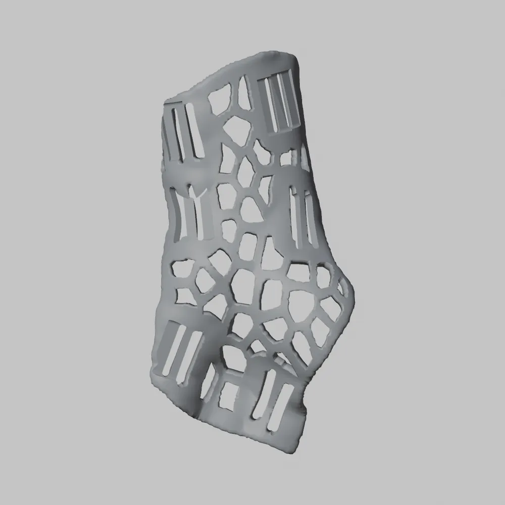 Wrist splint shell with biomimetic ventilation pattern and strap slots