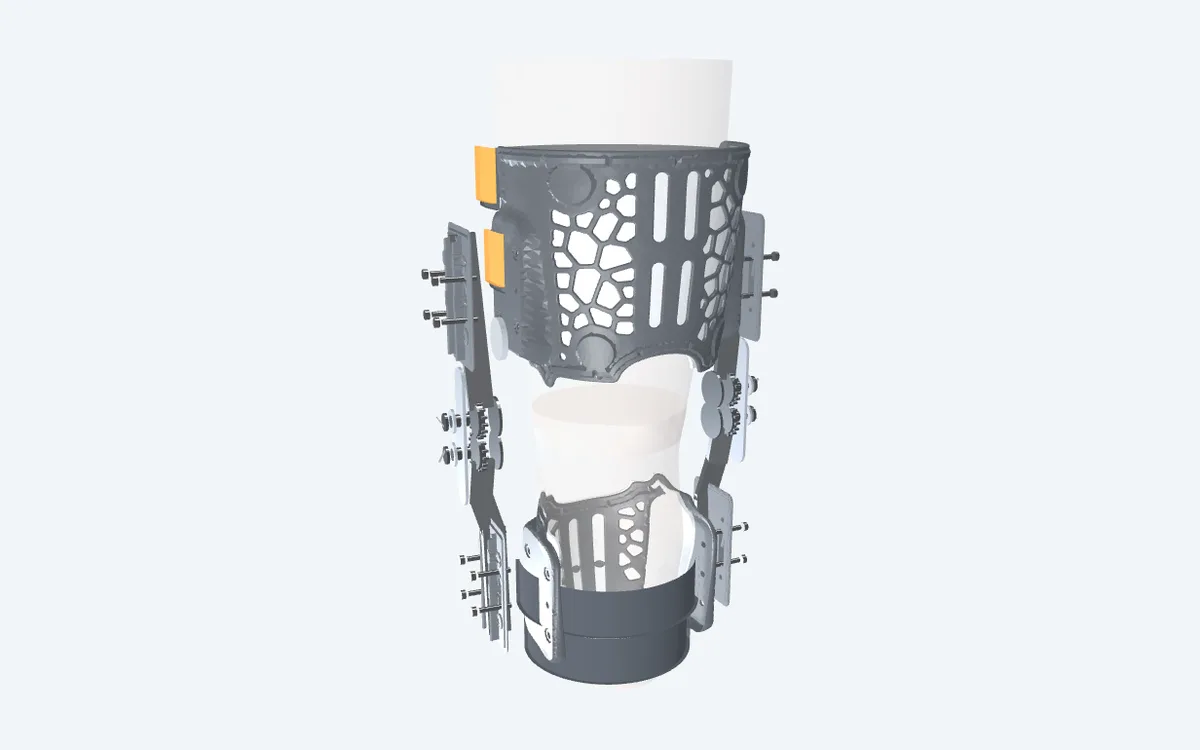 Custom knee brace full assembly: thigh and shank shells, hinge bars and straps, 3D preview